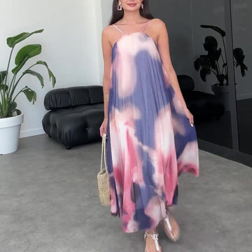 2024 Women's Sling Tie-Dye Purple Print Loose-Back Sexy Dress